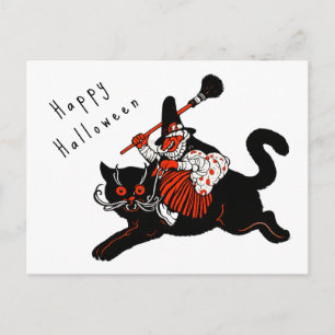 Carte Postale Halloween Chat Noir Sorcière Art Déco Vintage Anné