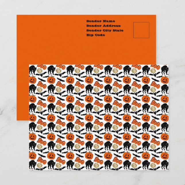 Carte Postale Halloween Chats Chat Citrouille Et Lune Dessin (Devant / Derrière)