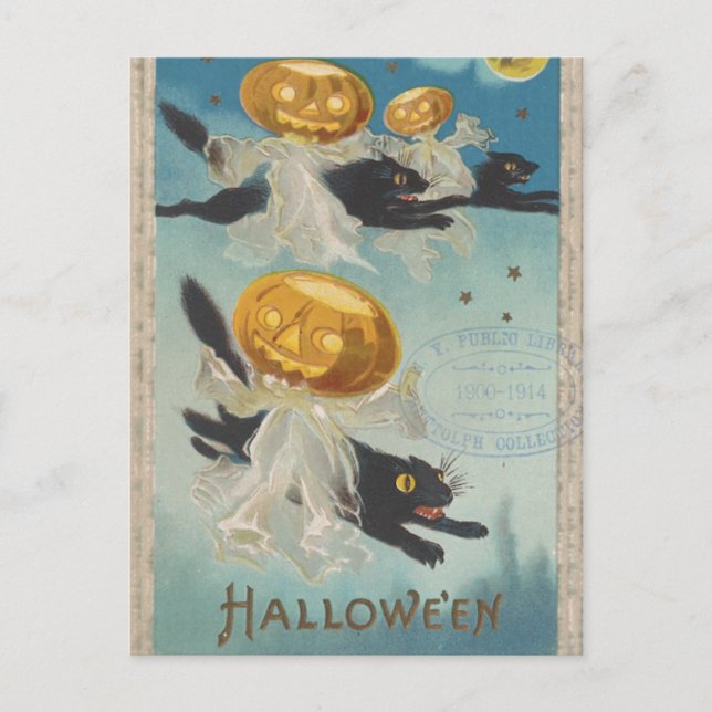 Carte Postale Halloween Chats noirs et Fantômes Citrouilles Vint (Devant)