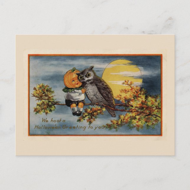 Carte Postale Halloween Citrouille Boy Owl Branche Arbre Lune Vi (Devant)
