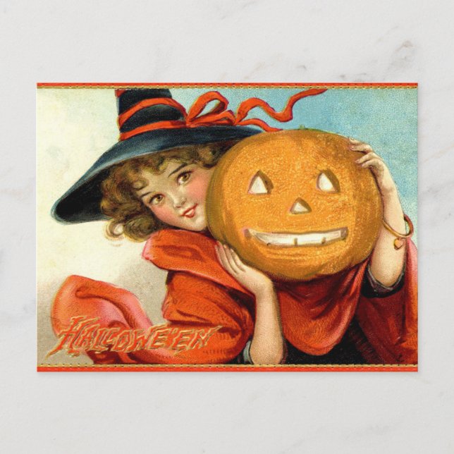 Carte postale Halloween Citrouille Sorcière Fille  (Devant)