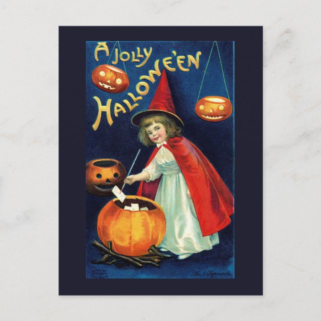 Carte postale Halloween Citrouille Sorcière Vintag (Devant)