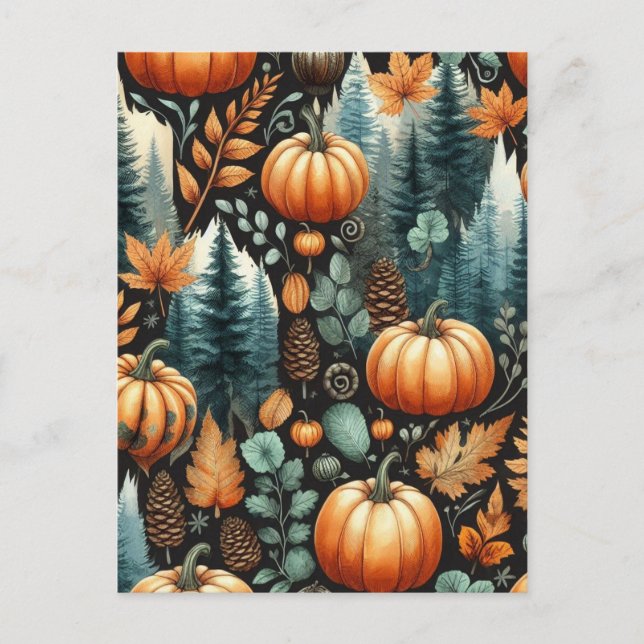Carte Postale Halloween citrouille, verdure botanique et automne (Devant)
