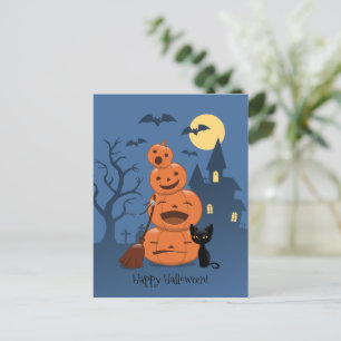 Carte Postale Halloween Citrouilles et chat noir