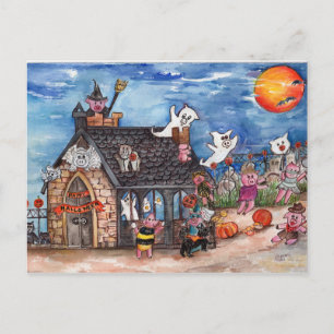 Carte Postale Halloween Cochons ou traitement, Fantômes aquarell