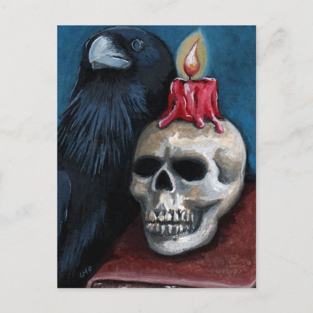 Carte Postale Halloween corbeau, crâne et peinture aux bougies (Devant)