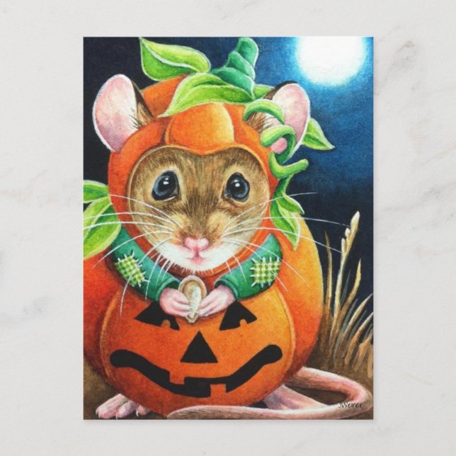 Carte Postale Halloween Costume Citrouille Souris aquarelle Art (Devant)