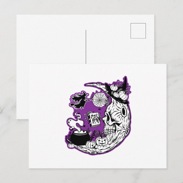 Carte Postale Halloween Croissant Lune crâne de sorcière (Devant / Derrière)