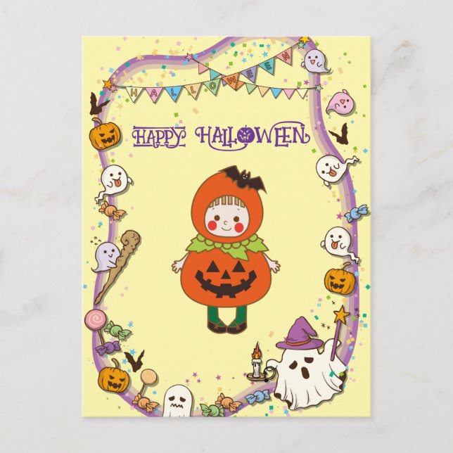 Carte Postale Halloween Custom Whimsical mignonne fille Citrouil (Devant)