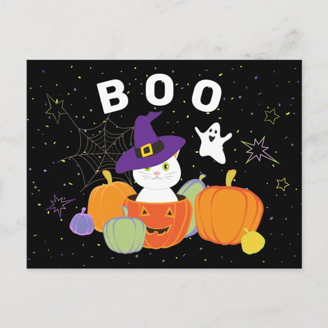 Carte postale Halloween Cute Cat in Witch Casquett (Devant)