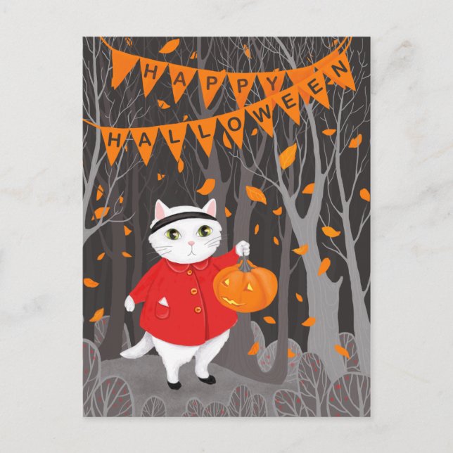 Carte Postale Halloween Cute Cat & Jack-o’-lanterne Citrouille (Devant)