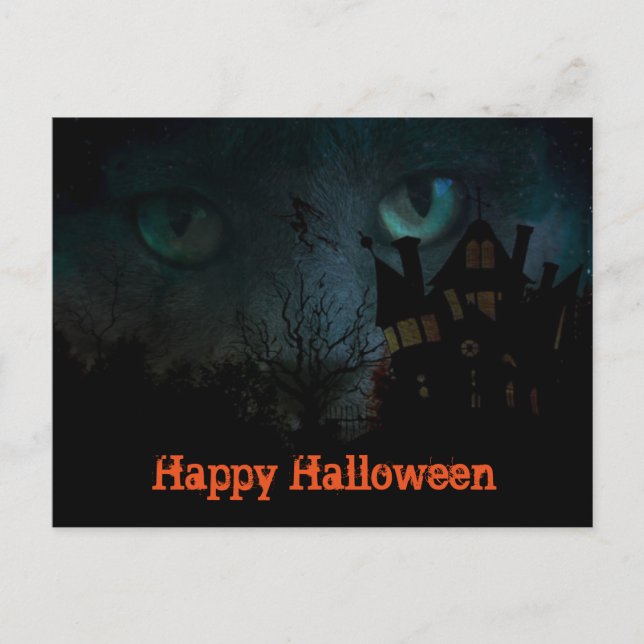 Carte postale Halloween de chat noir effrayant (Devant)