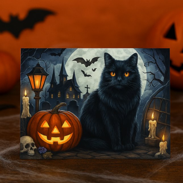 Carte postale Halloween de chat noir effrayant (ai mockup created by Susang6)