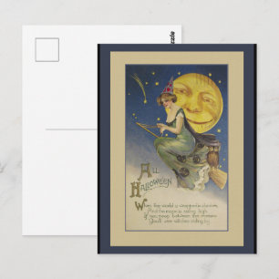 Carte postale Halloween de sorcière volante vintag