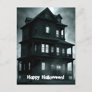 Carte Postale Halloween déplaisant, noir et blanc Maison hantée