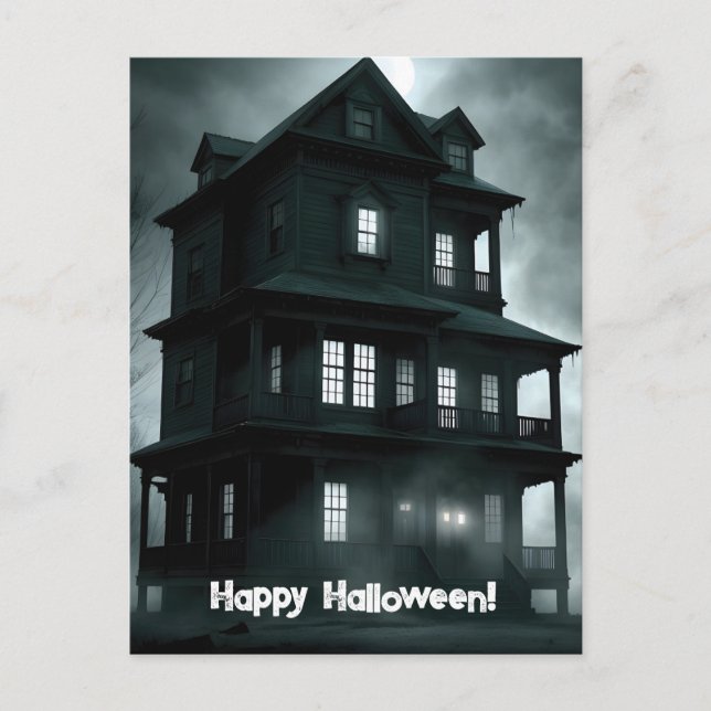 Carte Postale Halloween déplaisant, noir et blanc Maison hantée (Devant)