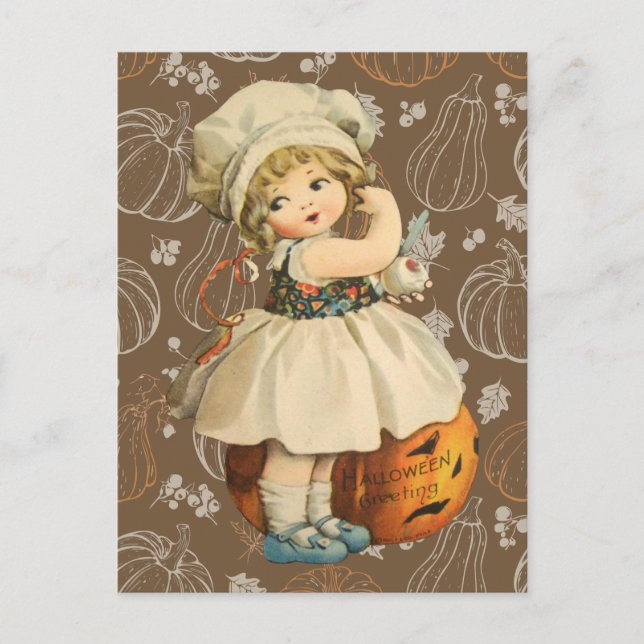 Carte postale Halloween d'une fille sculptant une  (Devant)