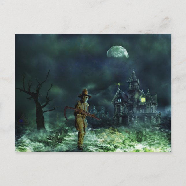 Carte Postale Halloween éffrayant Grim Reaper et Haunted House (Devant)