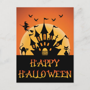 Carte Postale Halloween éffrayant Haunted Maison Chat sorcière c