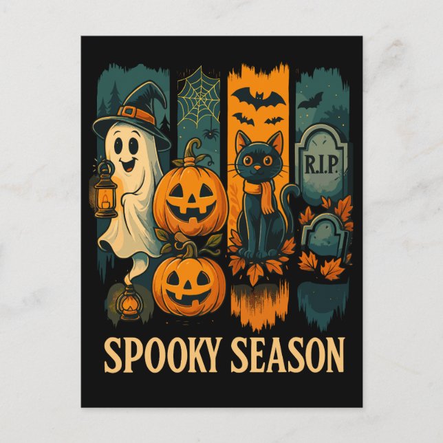Carte Postale Halloween éffrayante saison - Fantôme, Citrouilles (Devant)