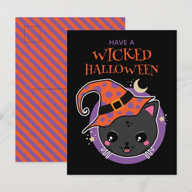 Carte Postale Halloween en chat à sorcière Kawaii (Devant / Derrière)