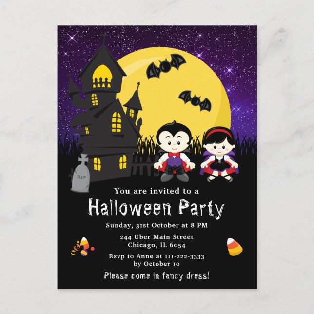 Carte Postale Halloween Fancy Robe Party Vampires violet (Devant)