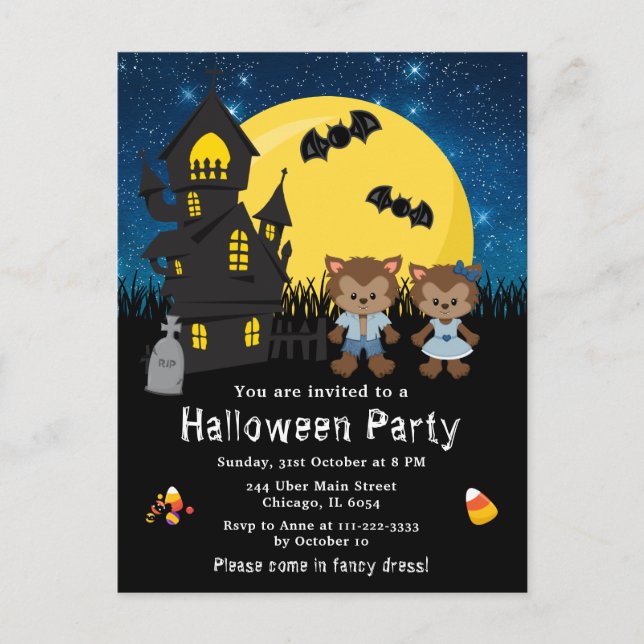 Carte Postale Halloween Fancy Robe Party Werewolf Bleu (Devant)