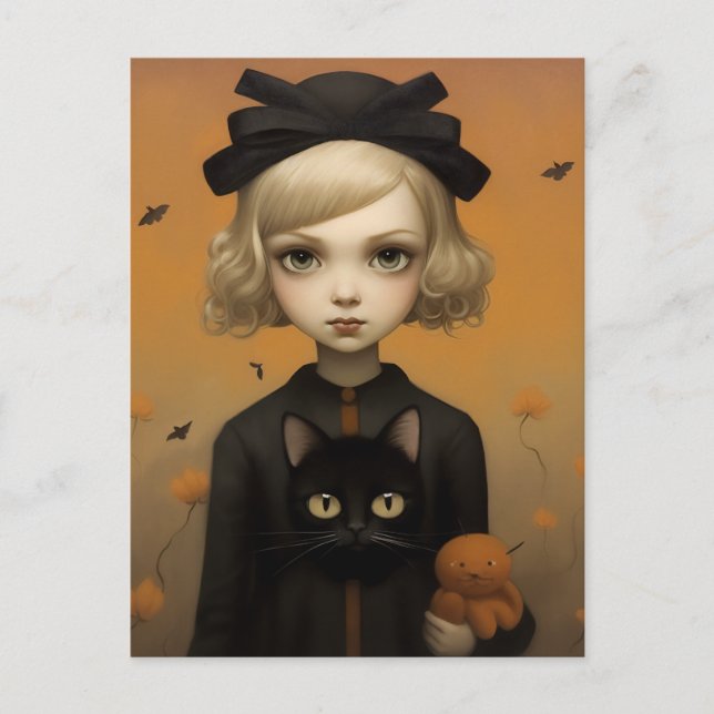 Carte Postale Halloween fille avec chat (Devant)