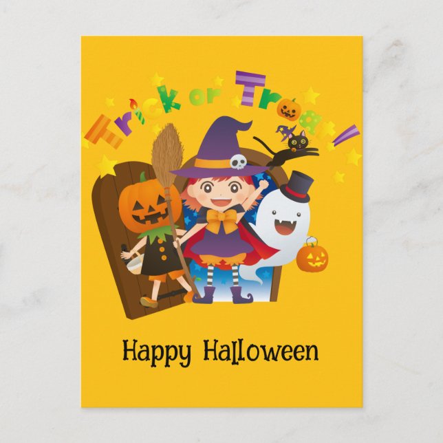 Carte Postale Halloween Fille en sorcière mignonne Whimsical Per (Devant)