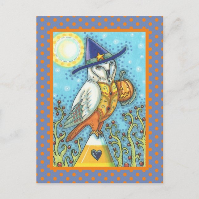 CARTE POSTALE HALLOWEEN FOLK ART BARN OWL & CANDY CORN (Devant)