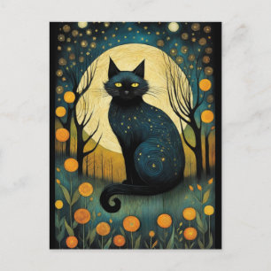 Carte Postale Halloween Forêt de Chat Noir Pleine lune florale