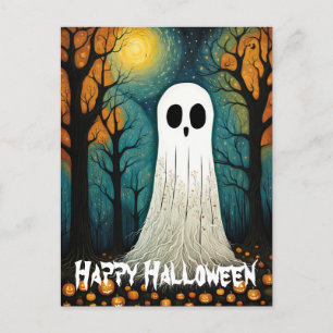 Carte Postale Halloween Ghost Boo Forêt Citrouille Déplaisante