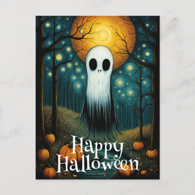 Carte Postale Halloween Ghost Boo Forêt de nuit Citrouille (Devant)