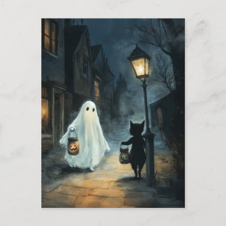 Carte Postale Halloween Ghost et Rencontre de chat