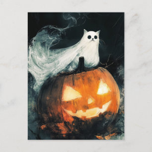 Carte Postale Halloween GhostCat et Jack-o'-lantern