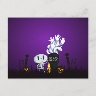 Carte Postale Halloween Graveyard Éffrayant Cute Skelton Et Ghos