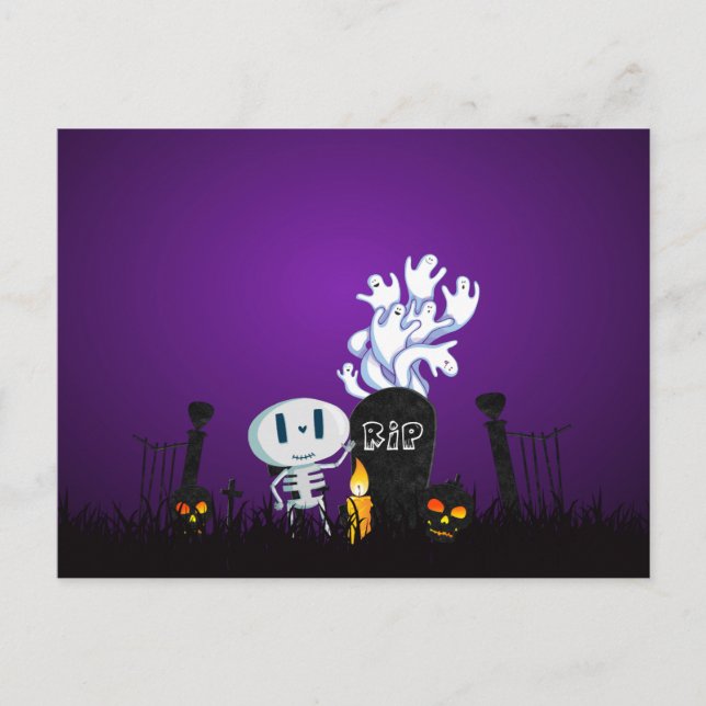 Carte Postale Halloween Graveyard Éffrayant Cute Skelton Et Ghos (Devant)