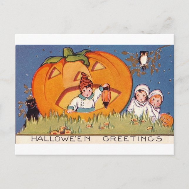 Carte Postale Halloween Greeting Kids, Citrouille, hibou (Devant)