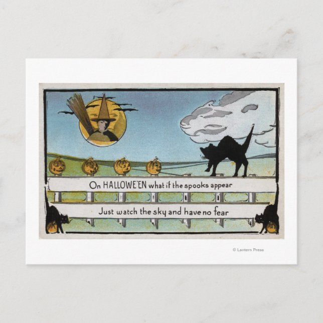 Carte Postale Halloween GreetingCat sur clôture (Devant)