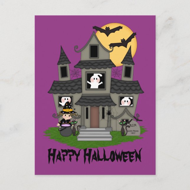 Carte Postale Halloween haunted house and little witch purple (Devant)