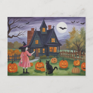 Carte Postale Halloween Haunted House Witch