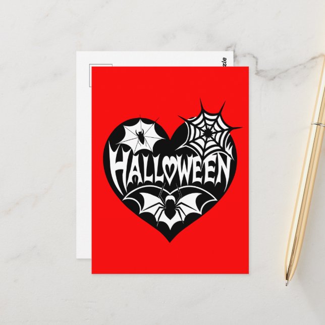 Carte Postale Halloween Heart, Black Heart Shape, Spider Web (Devant/Arrière en situation)