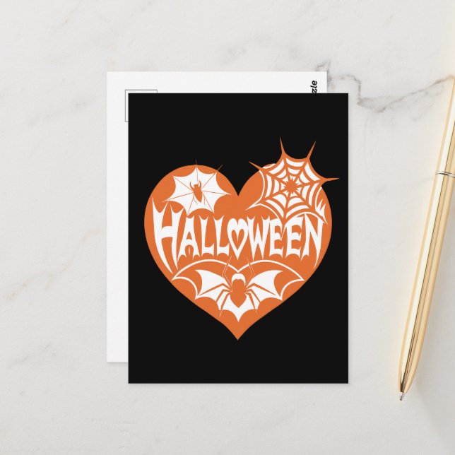 Carte Postale Halloween Heart, Cœur en forme orange, Toile d'ara (Devant/Arrière en situation)