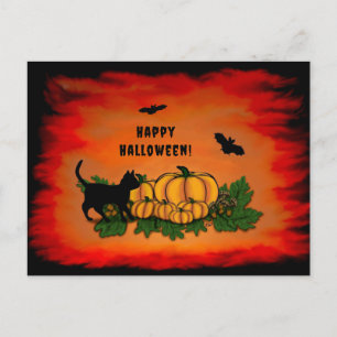 Carte Postale Halloween heureux, Chat noir, Chat et Citrouille