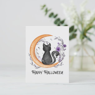 Carte Postale Halloween heureux - Chat noir sur la lune de crois