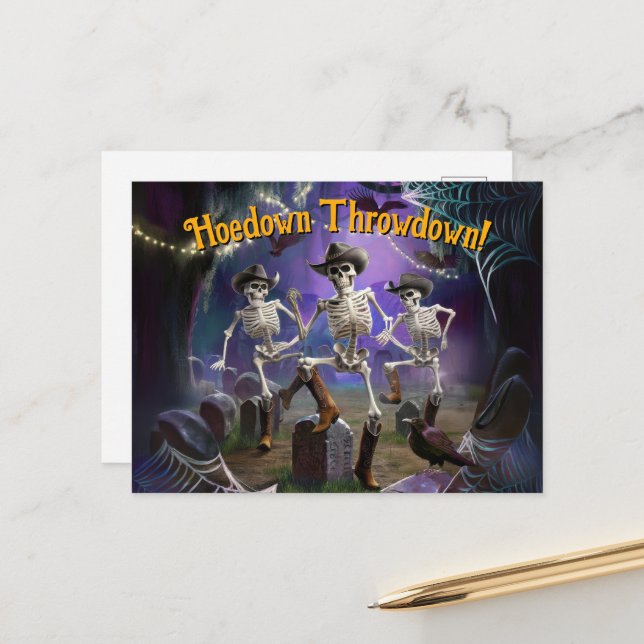 Carte Postale Halloween HoeDown Throwdown, Skeletons dansants (Devant/Arrière en situation)