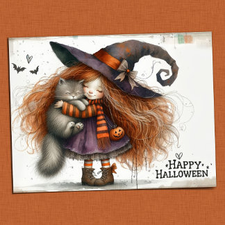 Carte Postale Halloween joyeuse - Jolie sorcière fille et chat n