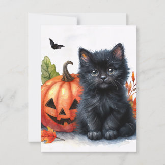 Carte Postale Halloween Kitten noir avec Jack-o-lanterne