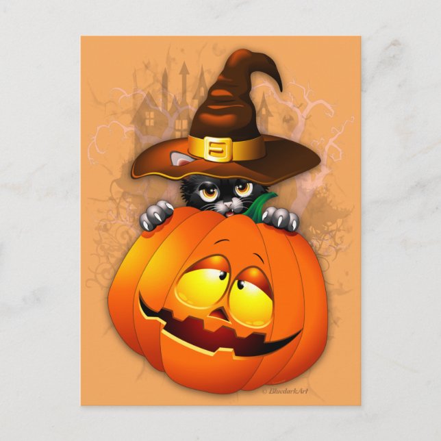 Carte Postale Halloween Kitty Witch and Pumkin Friend Postcard (Devant)