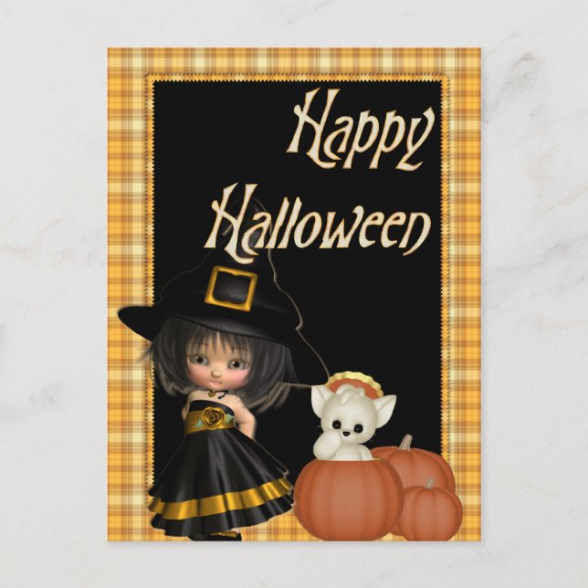 Carte postale Halloween Little Witch & White Cat D (Devant)